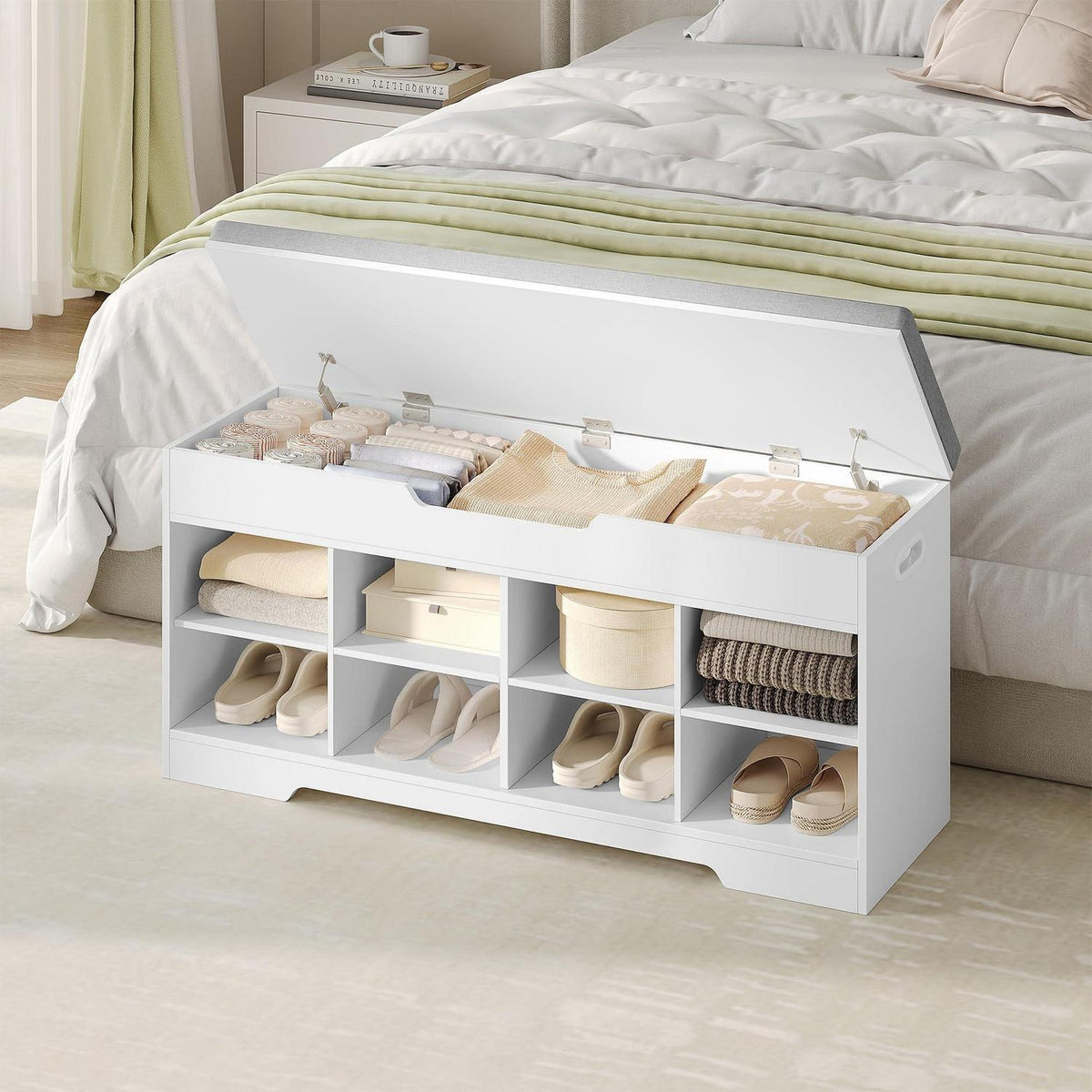 Sitzbank mit Schuhfach | Schuhschrank Leinenweiß | 104x32x50cm