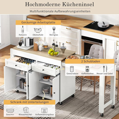 Mobile Kücheninsel mit Ausziehtisch & Schubladen (Weiß+Natur)