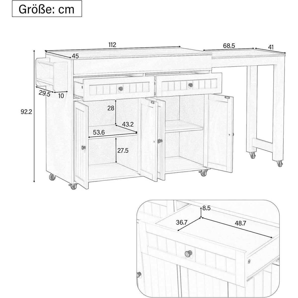 Mobile Kücheninsel mit Ausziehtisch & Schubladen (Weiß+Natur)