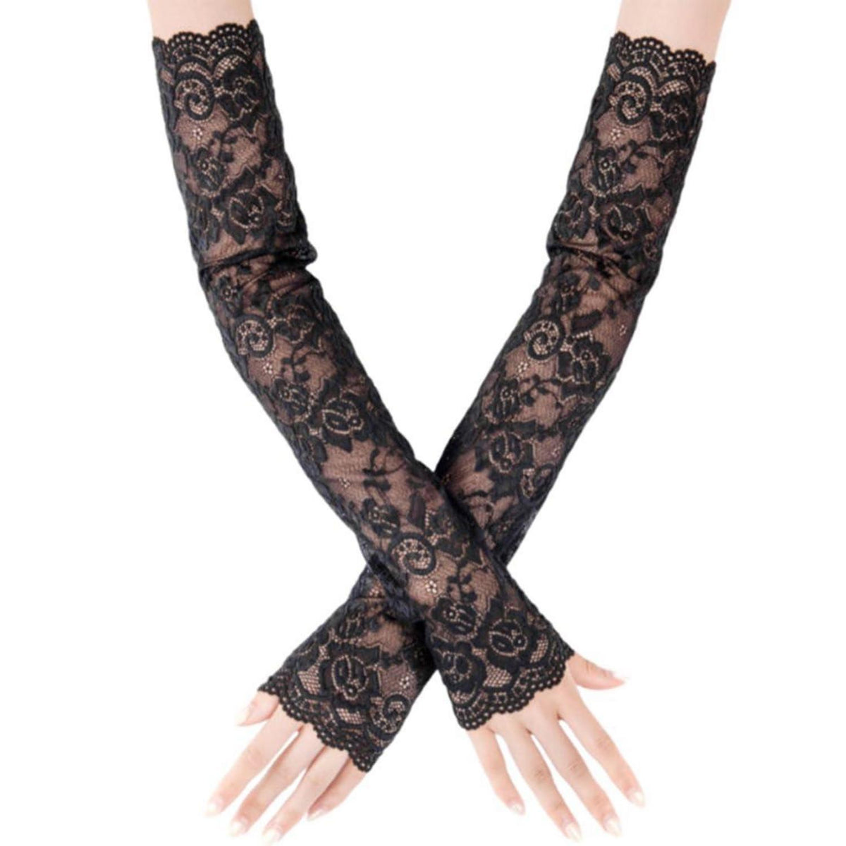 Lange Spitzenhandschuhe Damen Schwarz Fingerlos