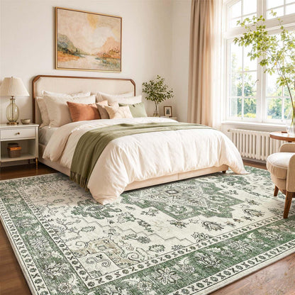 Vintage Kurzflor Teppich Grün 240x340 cm – Waschbar & Faltbar