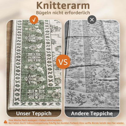 Vintage Kurzflor Teppich Grün 240x340 cm – Waschbar & Faltbar