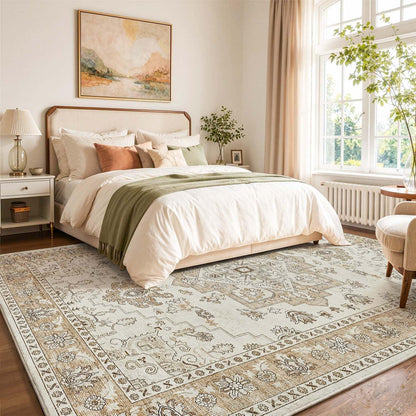 Vintage Kurzflor Teppich 240x340 cm Beige – Waschbar & Faltbar