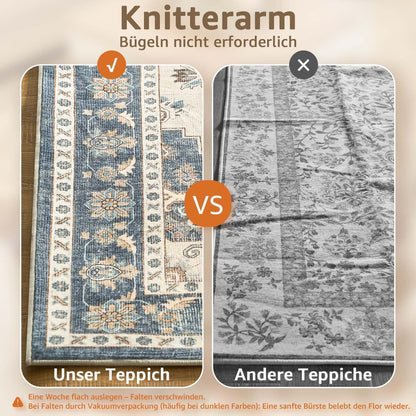 Vintage Kurzflor Teppich Blau 160x220 cm – Waschbar & Faltbar