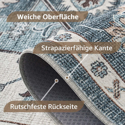 Vintage Kurzflor Teppich Blau 160x220 cm – Waschbar & Faltbar