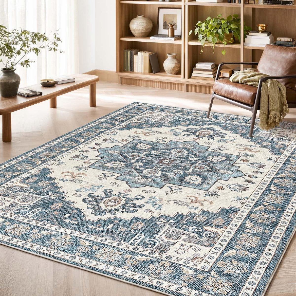 Vintage Kurzflor Teppich Blau 160x220 cm – Waschbar & Faltbar