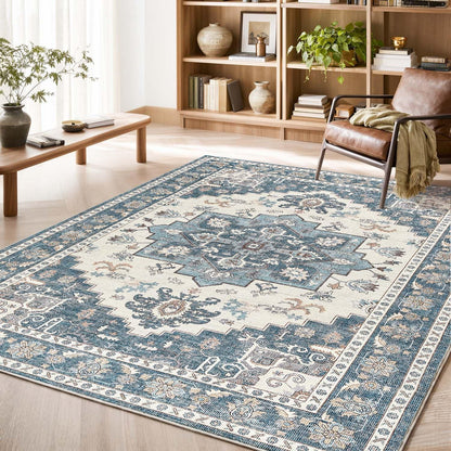 Vintage Kurzflor Teppich Blau 160x220 cm – Waschbar & Faltbar