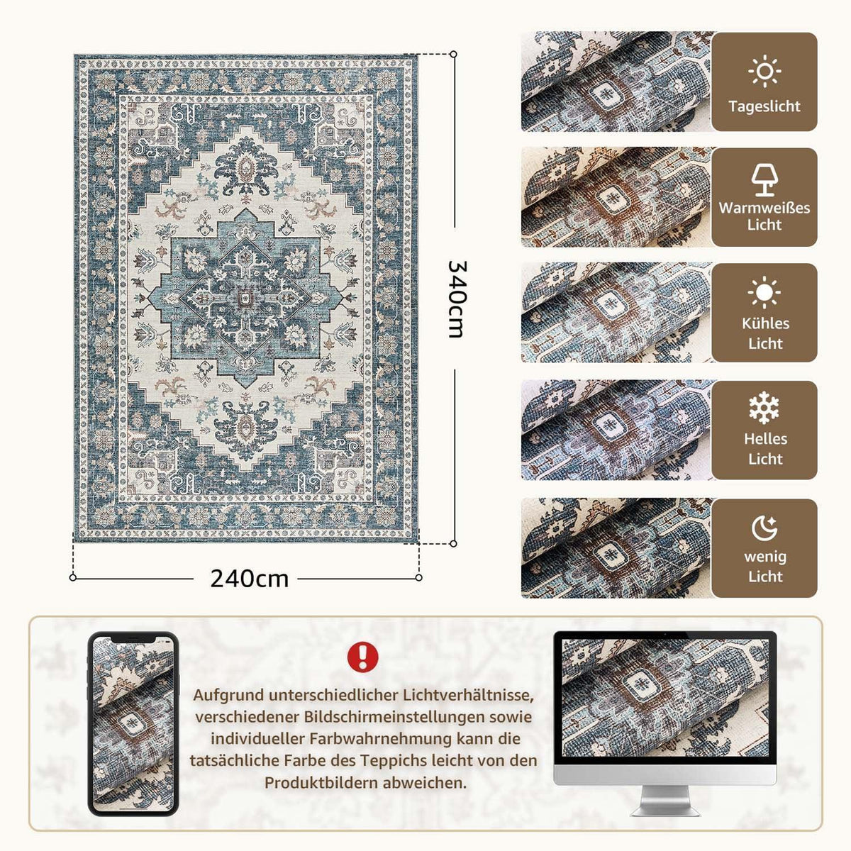 Vintage Kurzflor Teppich Blau 240x340 cm – Waschbar & Faltbar