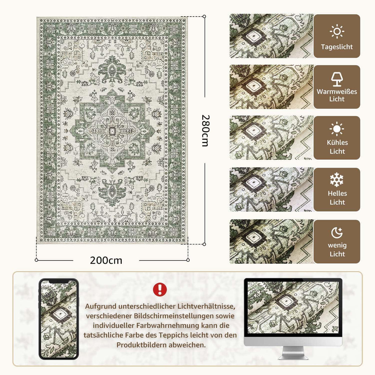 Vintage Kurzflor Teppich Grün 200x280 cm – Waschbar & Faltbar