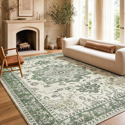 Vintage Kurzflor Teppich Grün 200x280 cm – Waschbar & Faltbar