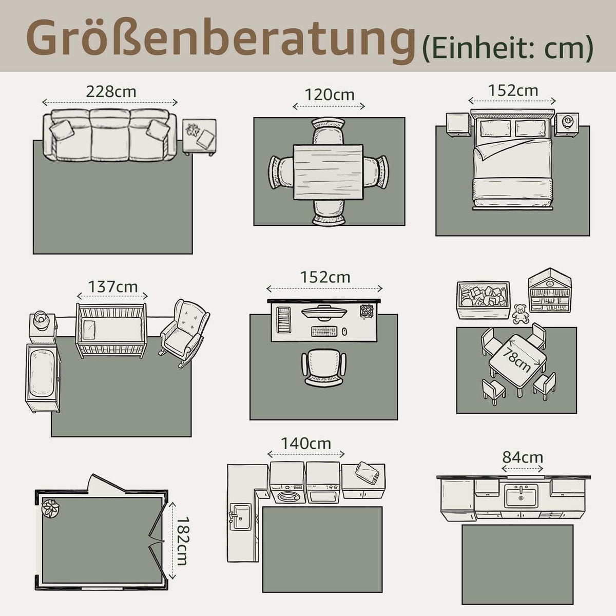Vintage Kurzflor Teppich Grün 200x280 cm – Waschbar & Faltbar