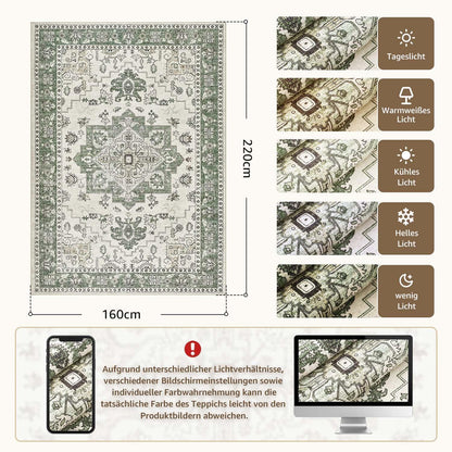Vintage Kurzflor Teppich Grün 160x220 cm – Waschbar & Faltbar