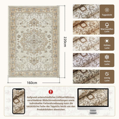 Vintage Kurzflor Teppich 160x220 Beige – Waschbar & Faltbar