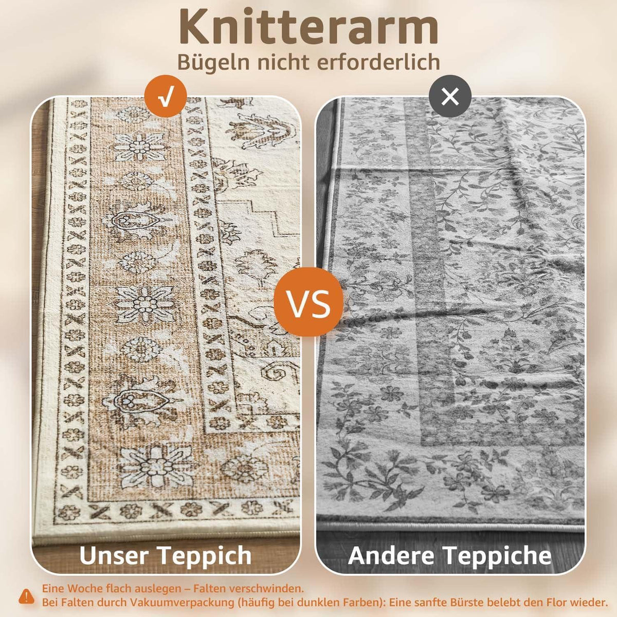 Vintage Kurzflor Teppich 160x220 Beige – Waschbar & Faltbar