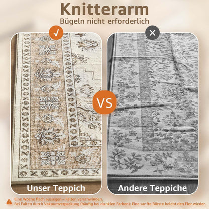 Vintage Kurzflor Teppich 160x220 Beige – Waschbar & Faltbar