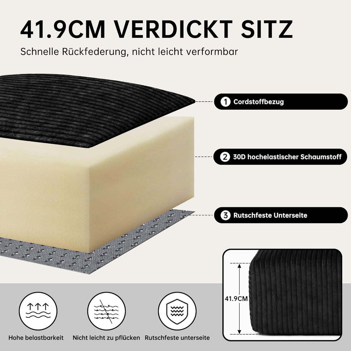 L-förmiges Ecksofa mit Chaiselongue & Memory-Schaum