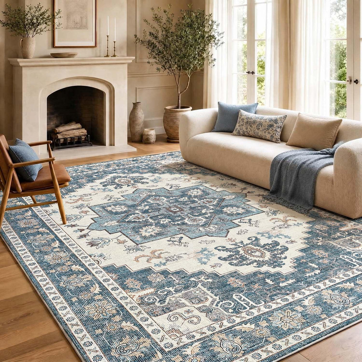 Vintage Kurzflor Teppich Blau 200x280 cm – Waschbar & Faltbar