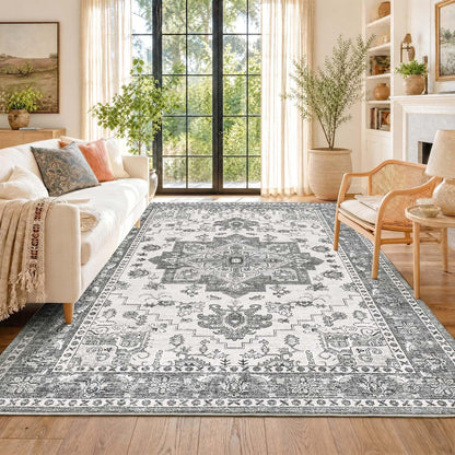 Vintage Kurzflor Teppich Grau 200x280 cm – Waschbar & Faltbar