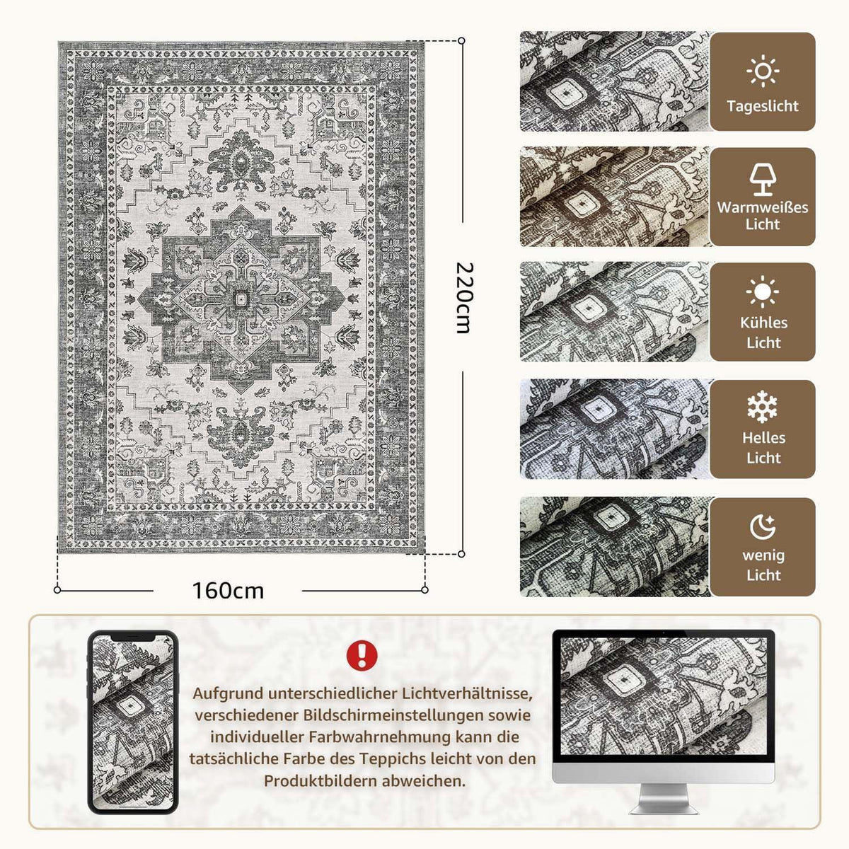 Vintage Kurzflor Teppich Grau 160x220 cm – Waschbar & Faltbar