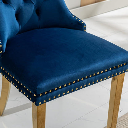 Esszimmerstuhl Set 2er – Samt, Blau & Gold, Hohe Rückenlehne
