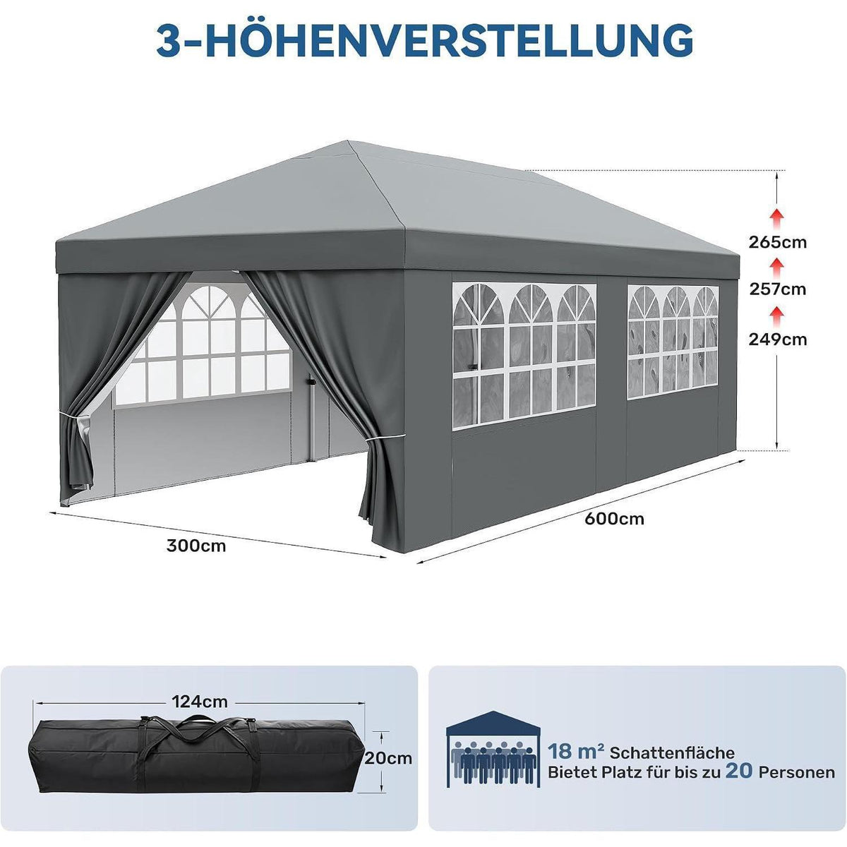 3x6m Faltpavillon wasserdicht mit Seitenwänden & UV-Schutz