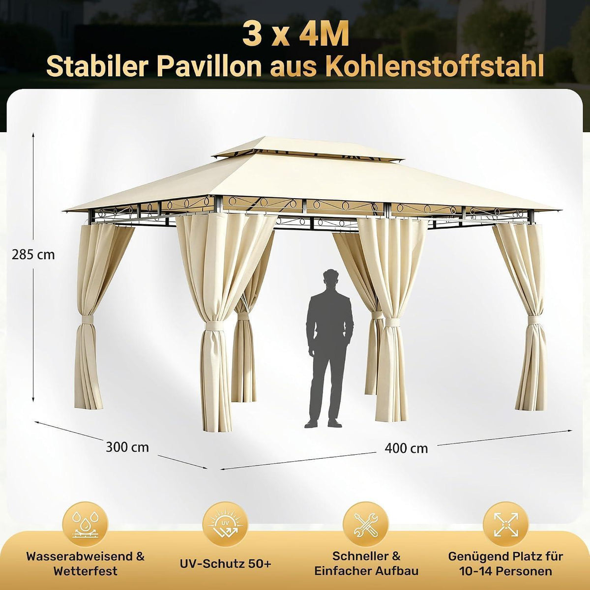 Gartenpavillon 3x4m, Wasserdicht & Stabil mit LED