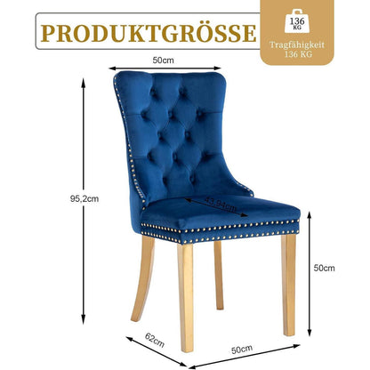 Samt Esszimmerstühle 2er Set mit goldenen Beinen (Blau)