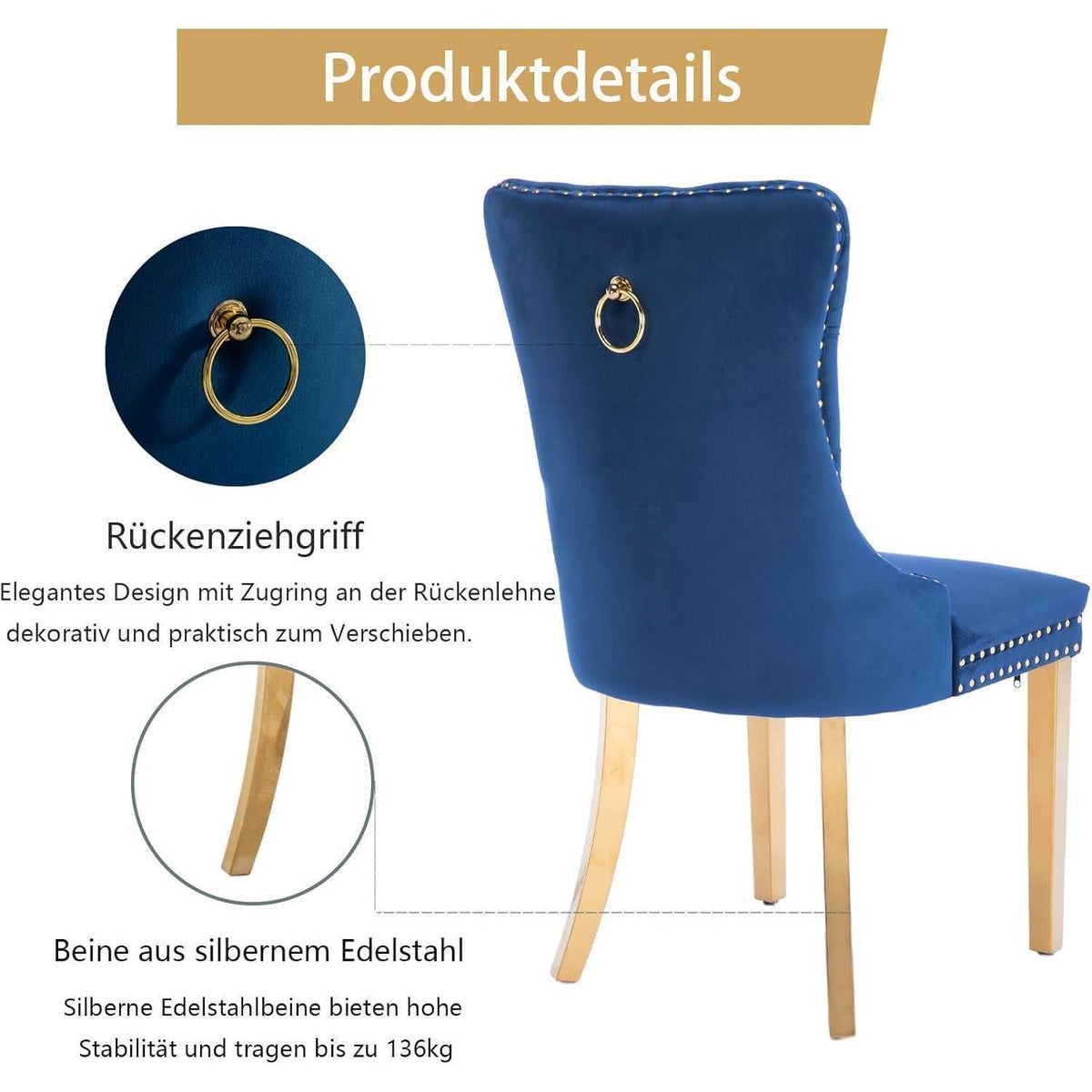 Samt Esszimmerstühle 2er Set mit goldenen Beinen (Blau)