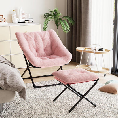 Rosa Relaxsessel mit Kaninchenfell – Klappsessel für kleine Räume
