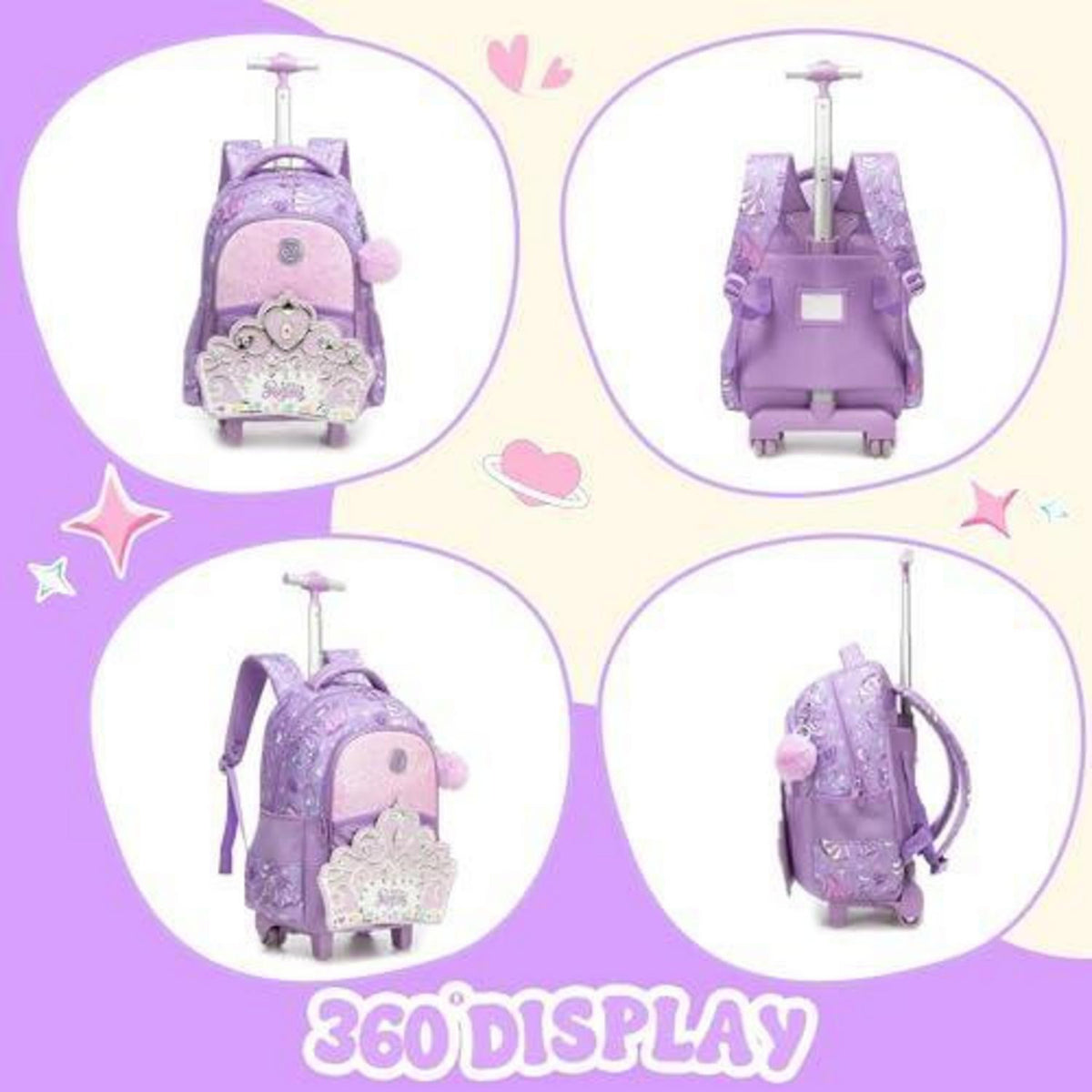 Schulrucksack Trolley Mädchen Krone Design – Lila Kinderrucksack mit Rollen
