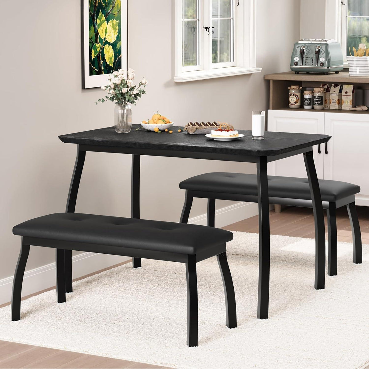 3-teiliges Küchentisch-Set mit Bänken – Vintage-Look Schwarz