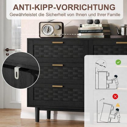 Kommode 6 Schubladen Rattan Optik – Schlafzimmer Sideboard Schwarz