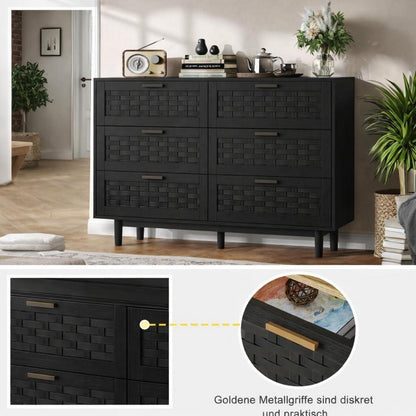 Kommode 6 Schubladen Rattan Optik – Schlafzimmer Sideboard Schwarz