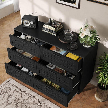 Kommode 6 Schubladen Rattan Optik – Schlafzimmer Sideboard Schwarz