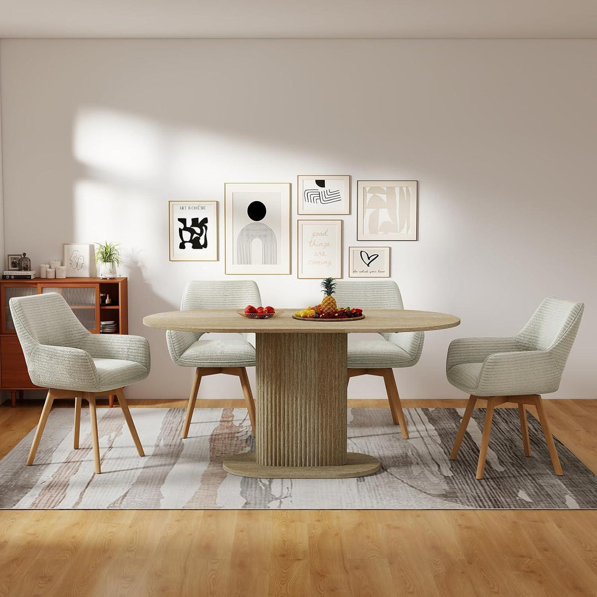 Drehbarer Esszimmerstuhl Set (4x) – Beige mit Holzbeinen