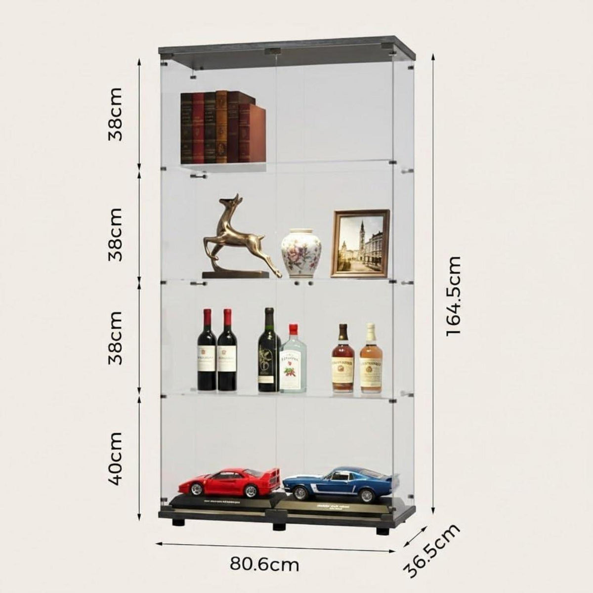 Standvitrine Glas 164cm | 2 Türen, 4 Böden, Schwarz
