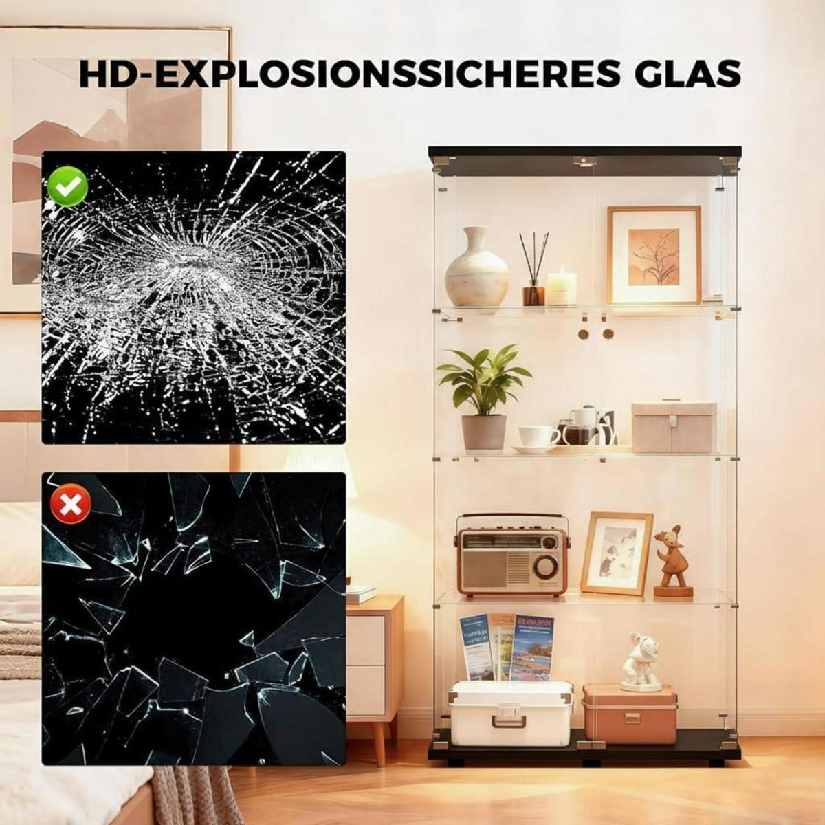 Standvitrine Glas 164cm | 2 Türen, 4 Böden, Schwarz