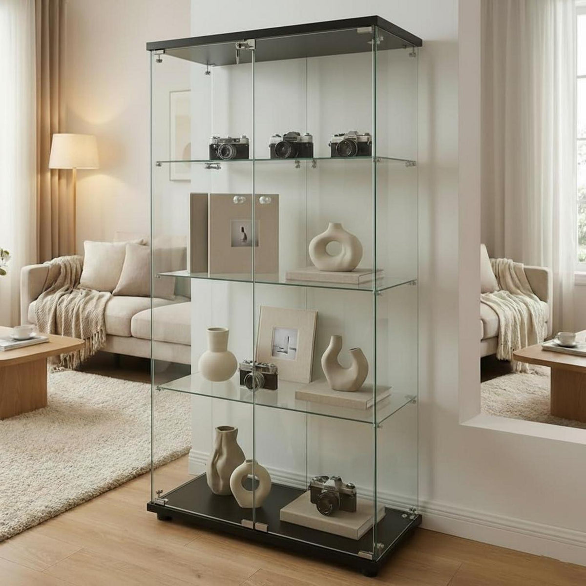 Standvitrine Glas 164cm | 2 Türen, 4 Böden, Schwarz