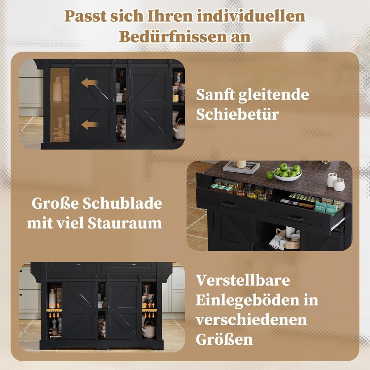 Klappbare Kücheninsel mit Schiebetüren & Rollen (Schwarz)