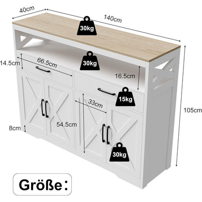 Weißes Sideboard mit Arbeitsplatte & Schubladen (140cm)
