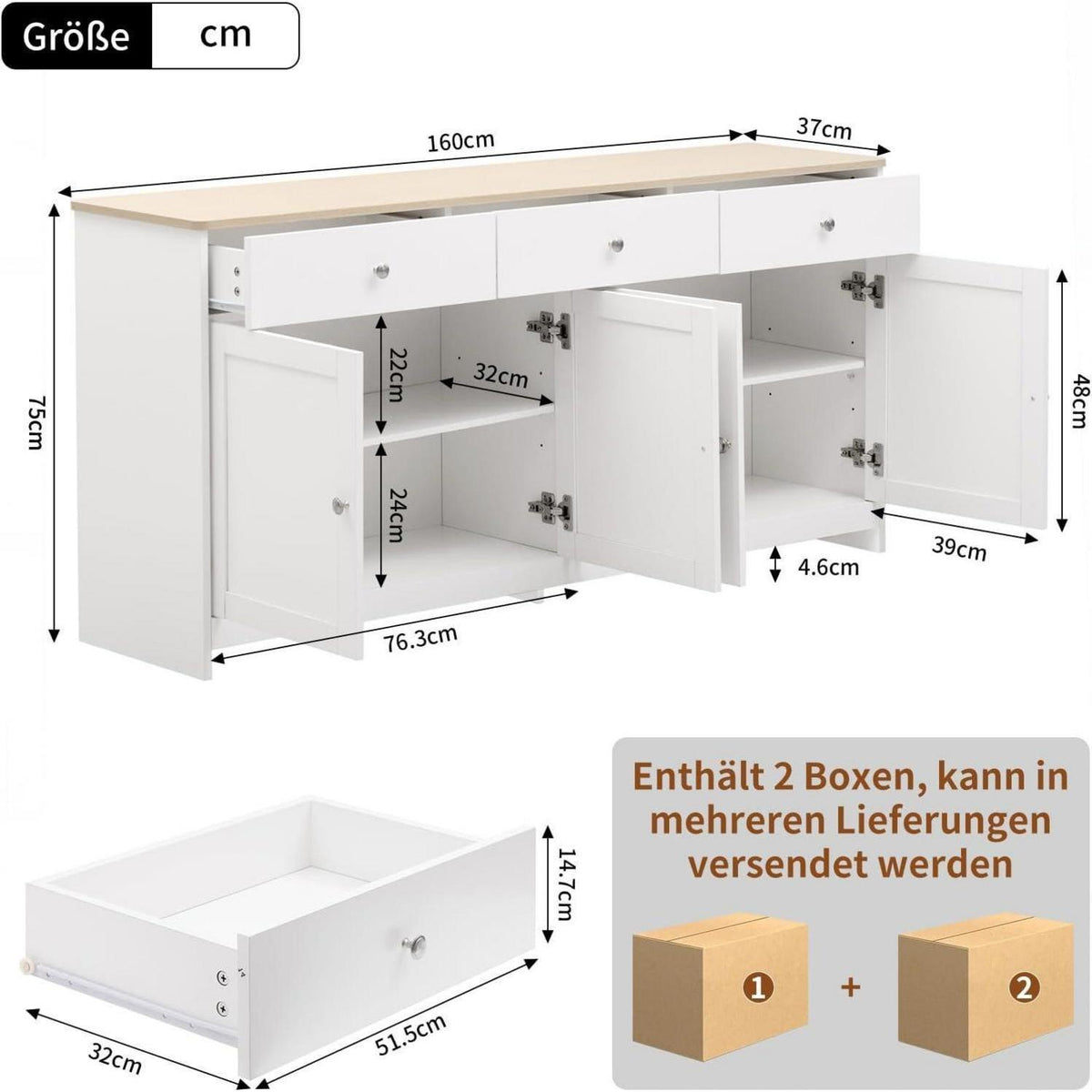 Küchenschrank Sideboard Weiß 160cm mit Arbeitsplatte & Stauraum