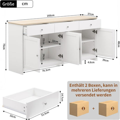 Küchenschrank Sideboard Weiß 160cm mit Arbeitsplatte & Stauraum