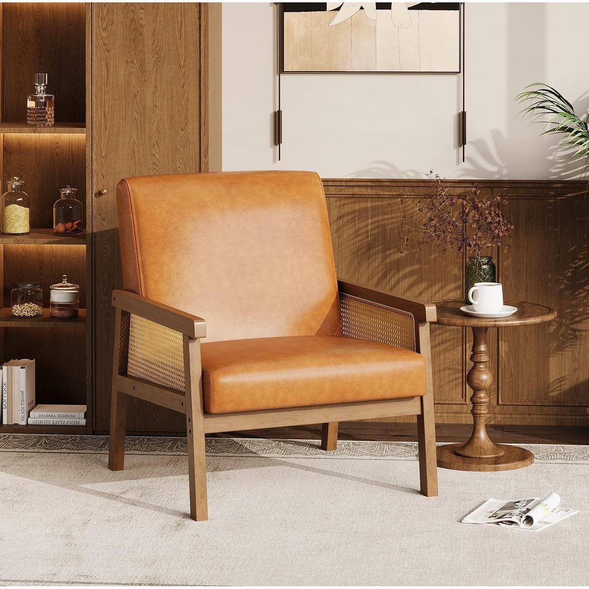 Rattanseiten Sessel – Gepolsterter Lesesessel Braun