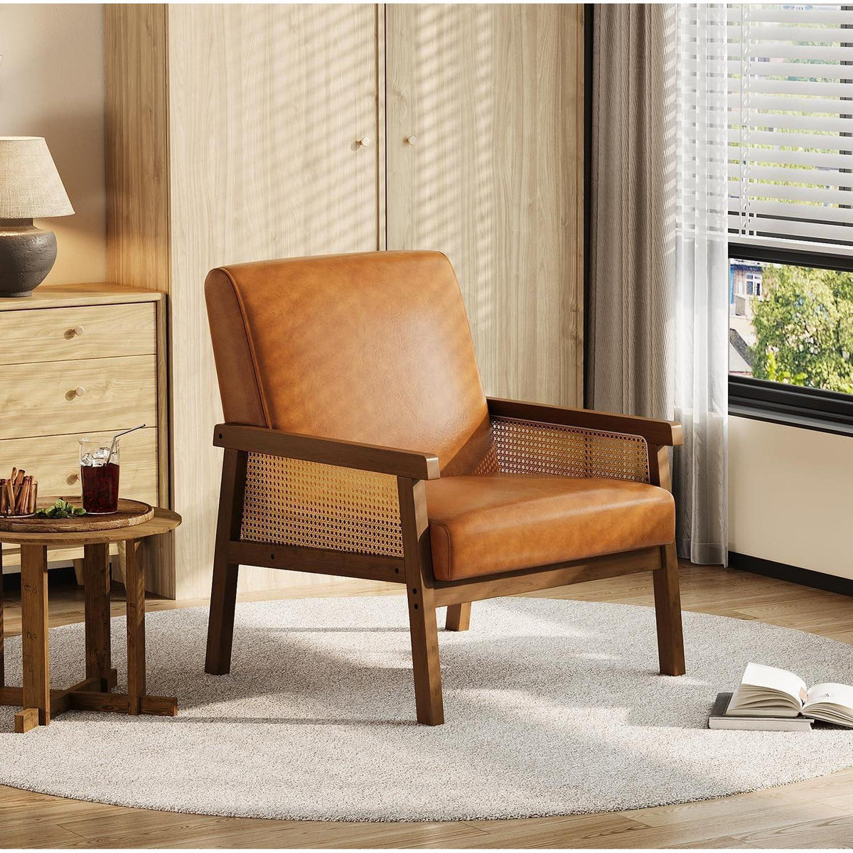 Rattanseiten Sessel – Gepolsterter Lesesessel Braun