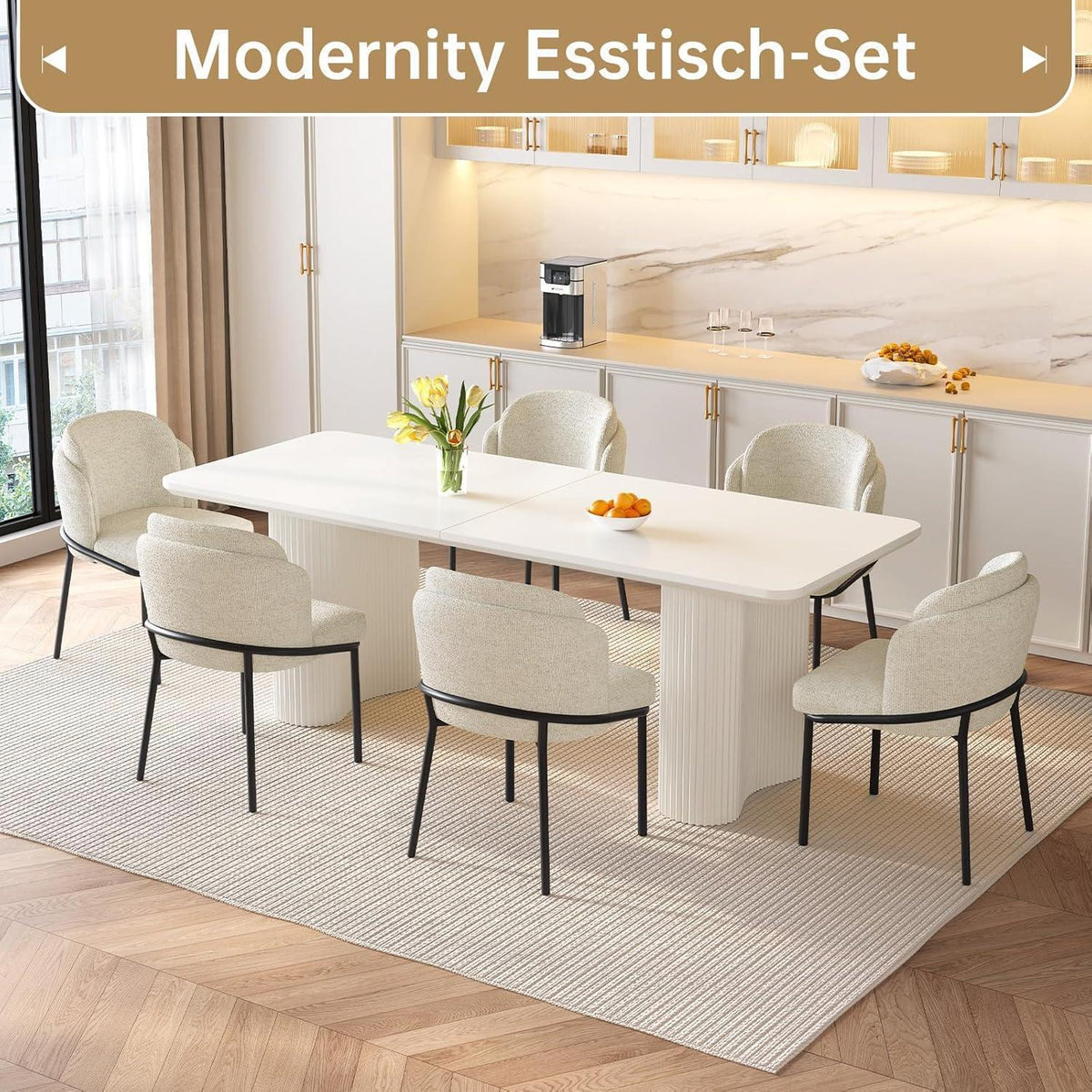 Essgruppe 9-teilig Creme Weiß – Skandinavisch Modern