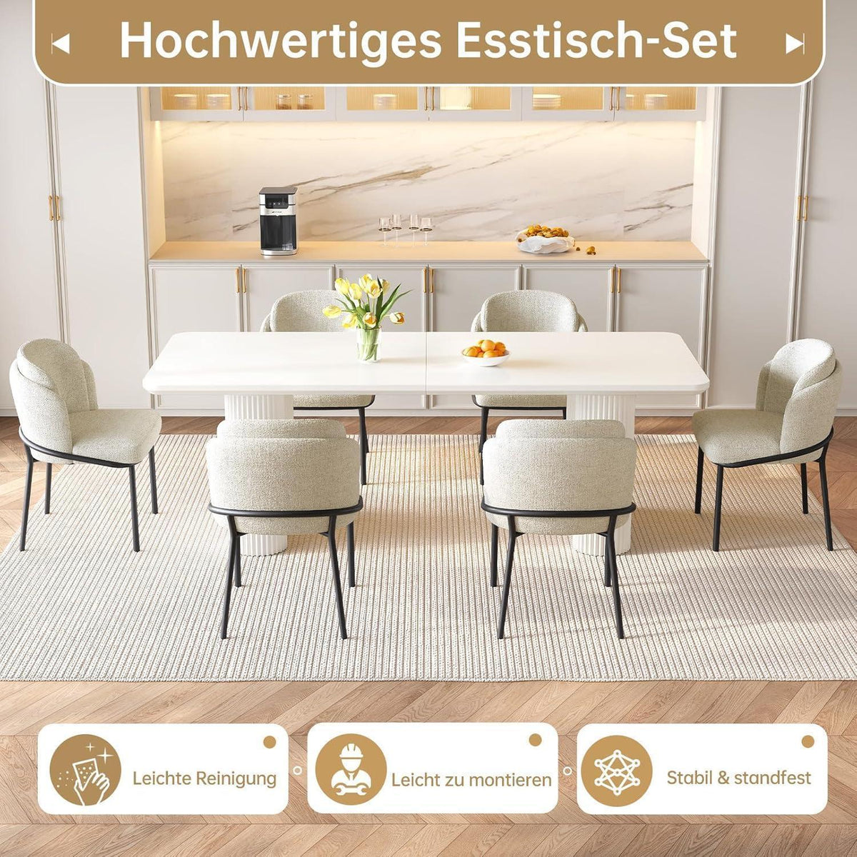 Essgruppe 9-teilig Creme Weiß – Skandinavisch Modern