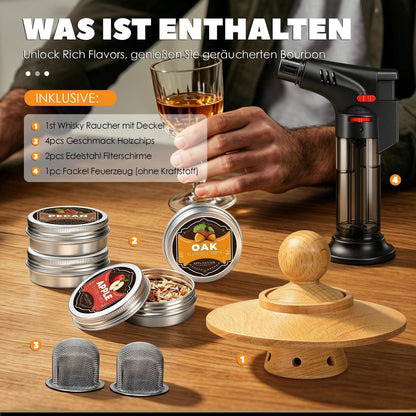 Whisky Räucher Set mit Brenner & 4 Holzsorten – Geschenk für Männer