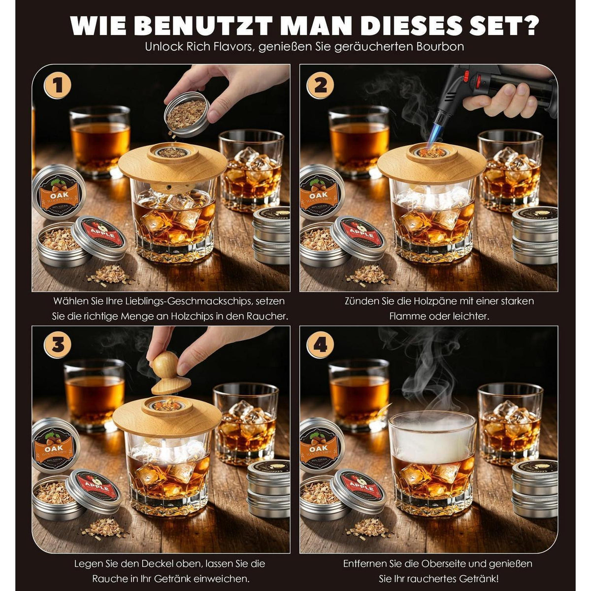 Whisky Räucher Set mit Brenner & 4 Holzsorten – Geschenk für Männer