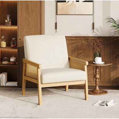 Rattanseiten Sessel | Gepolsterter Lesesessel Holzgestell Beige