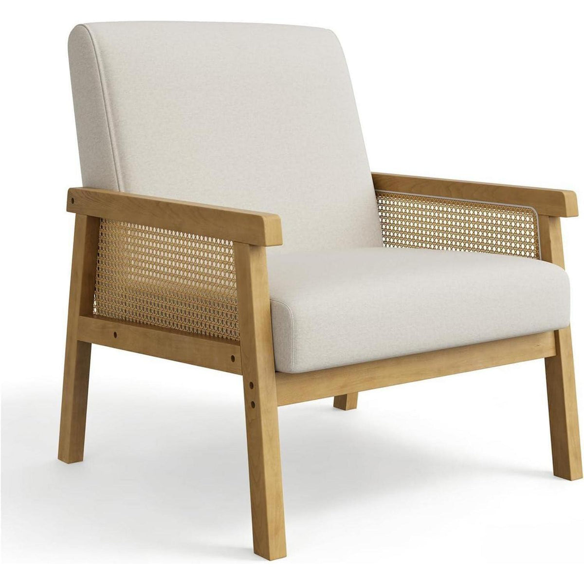Rattanseiten Sessel | Gepolsterter Lesesessel Holzgestell Beige